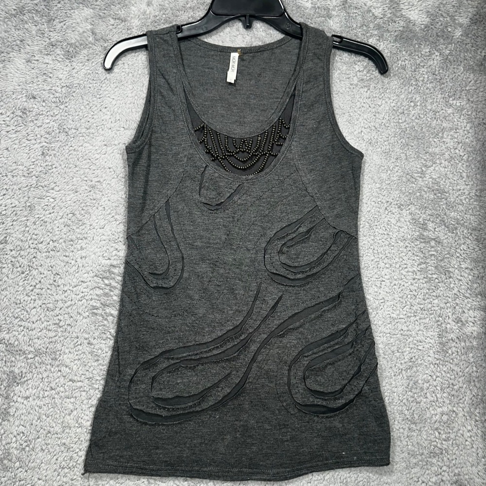 Mur‎ Mur Tank Top Womens Small Gray Beaded Neckline Abstract Applique Sleeveless